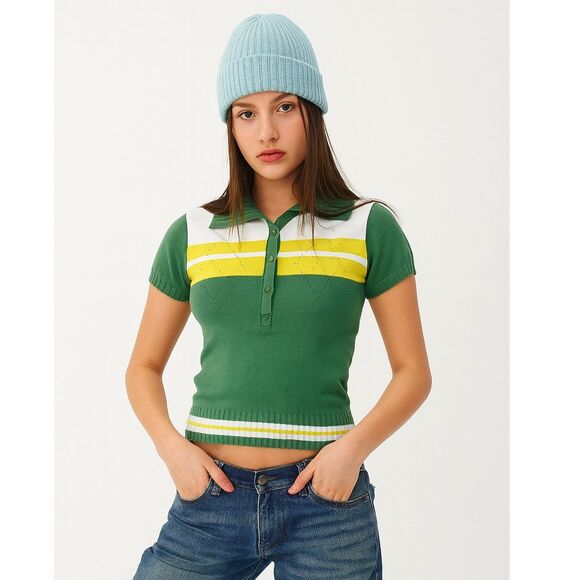 Energie Gold Miss Sixty Polo Shirt Women S Green Argyle Golf Italy Y2K VTG FLAWS - Picture 1 of 14